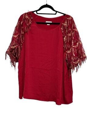Chic Soul Red Top with Gold Beaded Fringe Sleeves